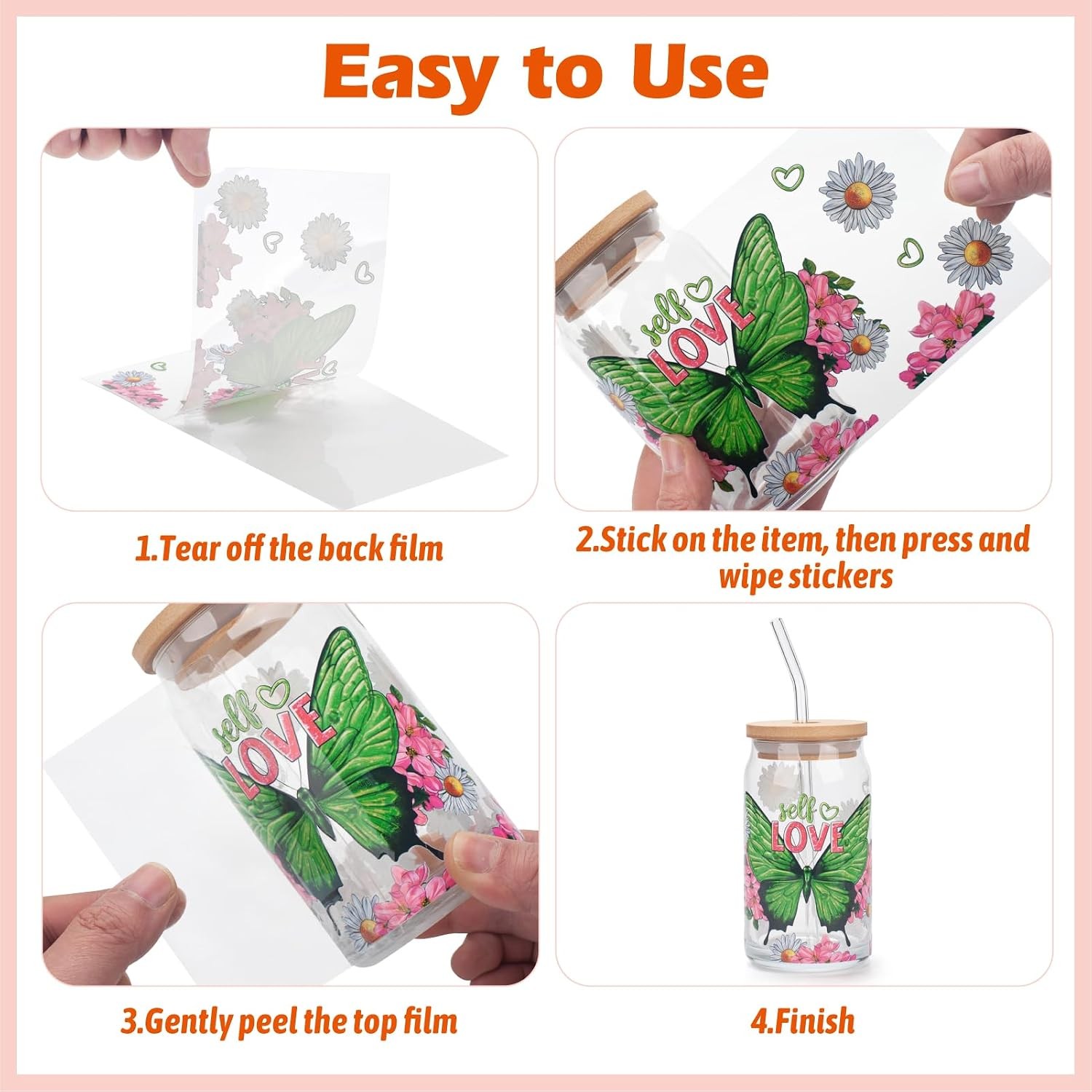 UV DTF Cup Wraps for Glass Cups 16 oz, 10 Sheets Cup Rub on Transfers for Crafts