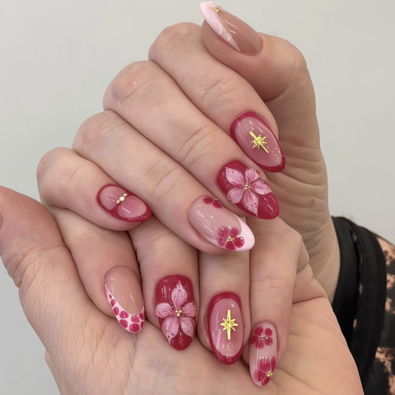 30pcs-Red Pink Ombre Almond Press on Nails 3D Flower Gold Star Rhinestones