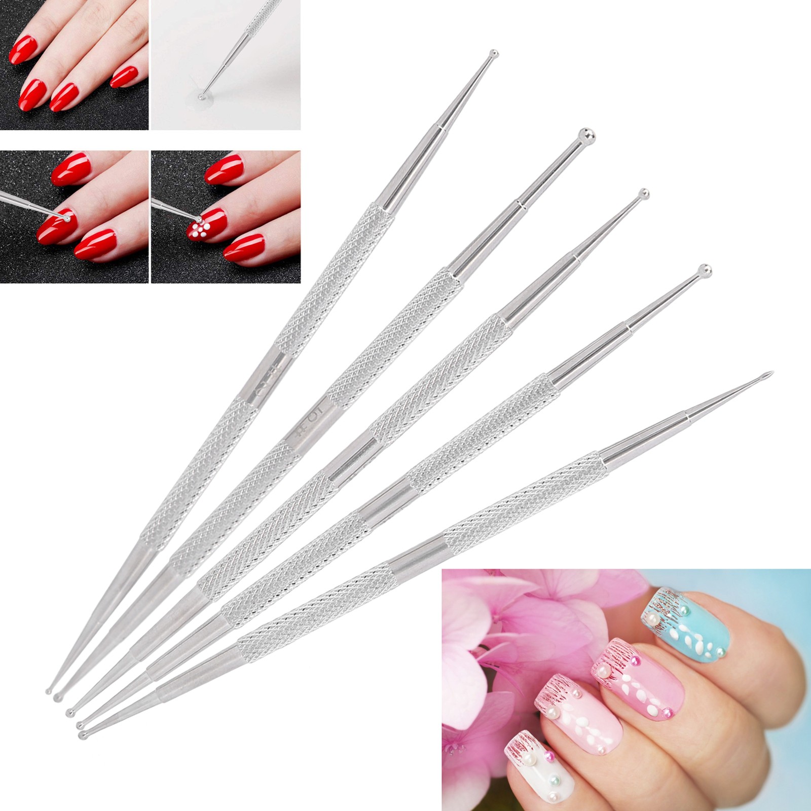 5pcs Double Head Nail Art Dotting Pen Stainless Steel Nail Painting Pen DIY Deco