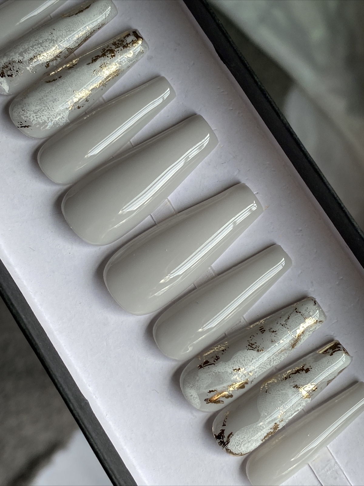 🔥CUSTOM Gel Press On False Nails, Sheer Light Grey GOLD flakes, 10p W FULL KIT