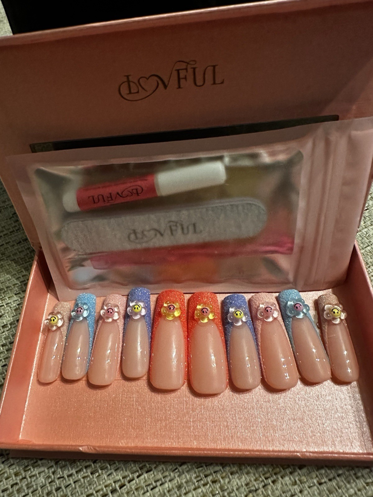 Lovful Press-On Nails Long Square Multicolor 3D Full Cover – 2 sets