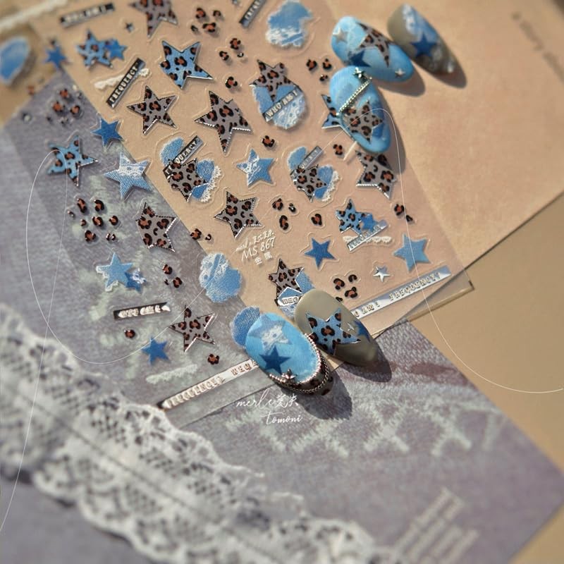 Denim Nail Stickers for Nail Art, Star Leopard Nail Decals 5D Embossed Blue