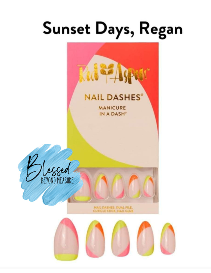 Red Aspen Press On Nails~ Sunset Days, Regan~ Nail Dashes~Almond ~Medium ~Shiny