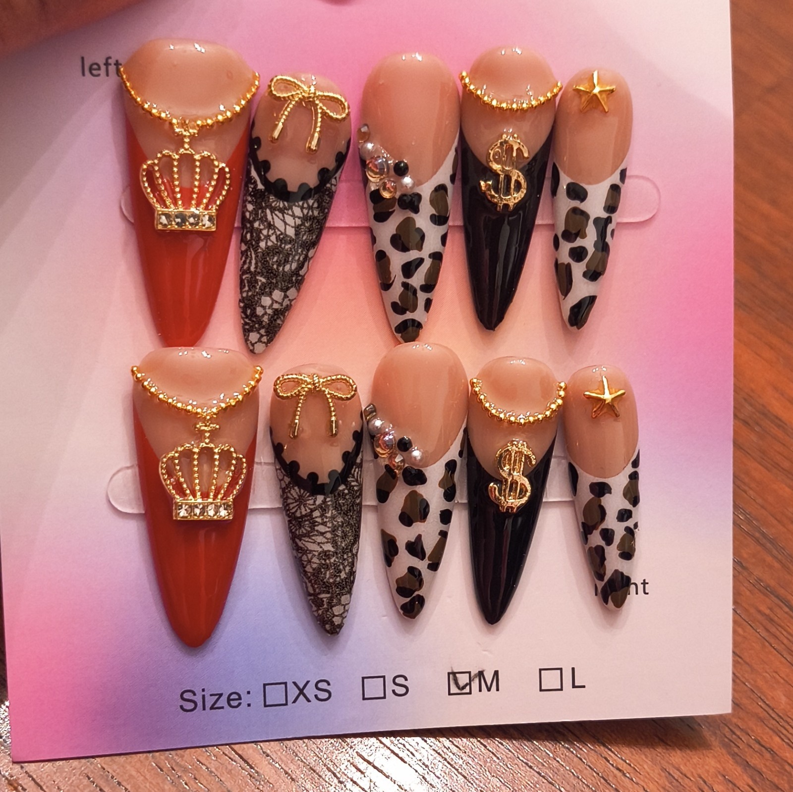 Press-On Nails Medium Stiletto Red Black Gold 3D Leopard Full Cover