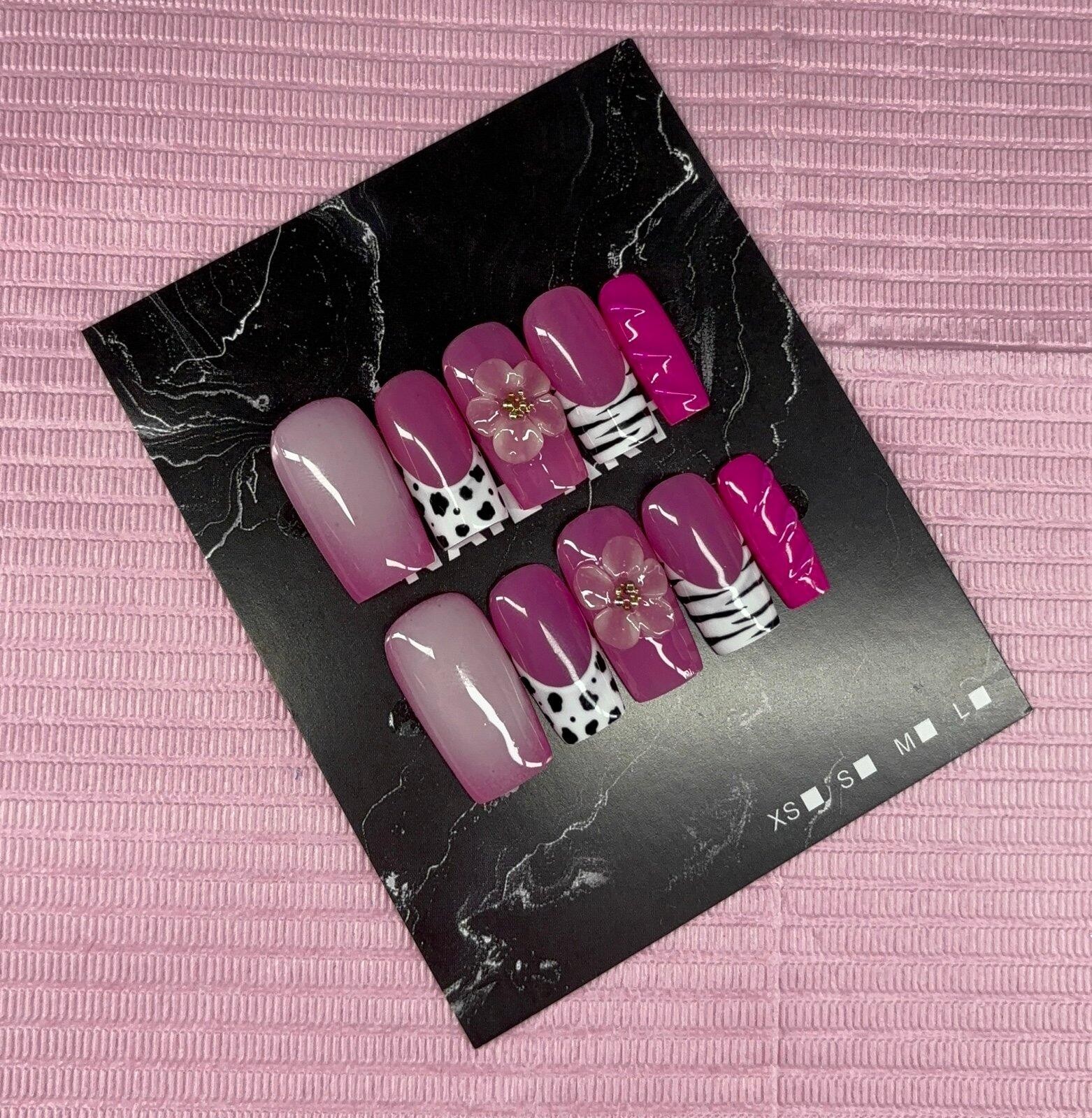 Medium square press on nails animal print 3d gel flower aura