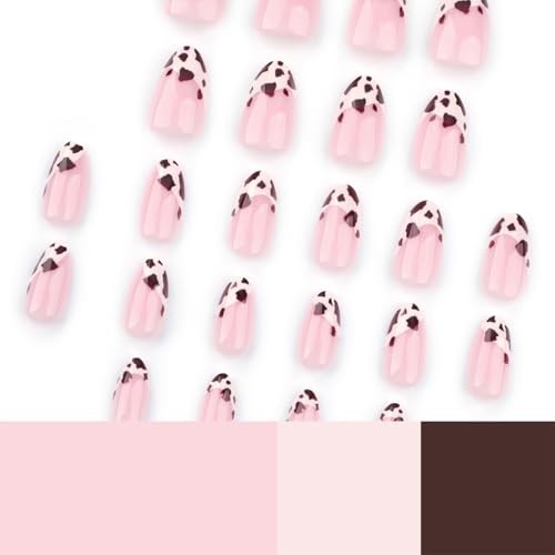 24Pcs Short Press on Nails Cute Almond Fake Nails Cow Pattern Design French A14