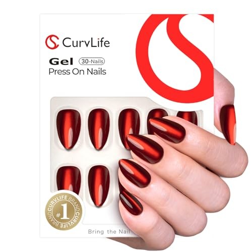 Soft Gel Almond Press On Nails – Medium Red Strip Cat Eye Almond Nails
