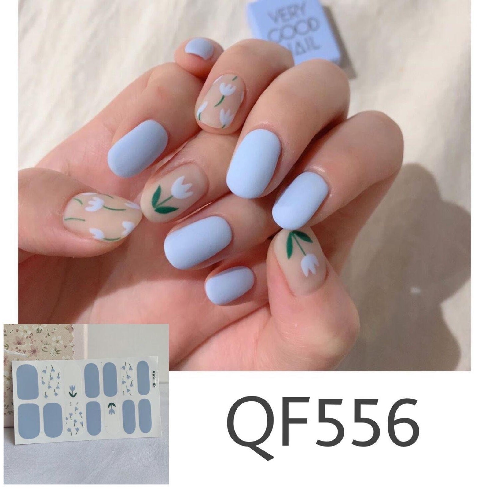 QF556 Blue Flower Graphic Nail Wraps / Nail Strips / Nail Art Stickers