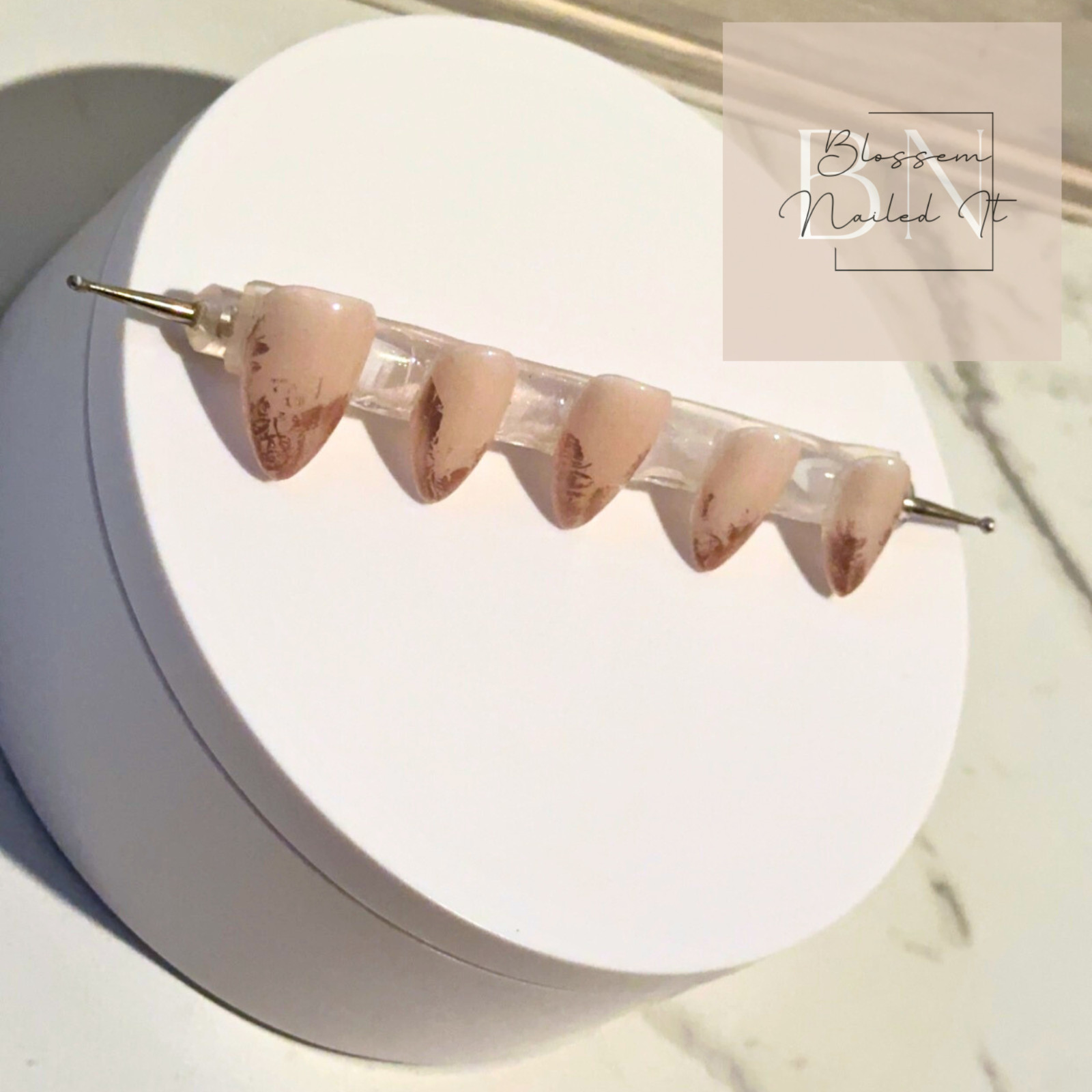 Rose Gold shattered French press on nails. Long and short styles available.