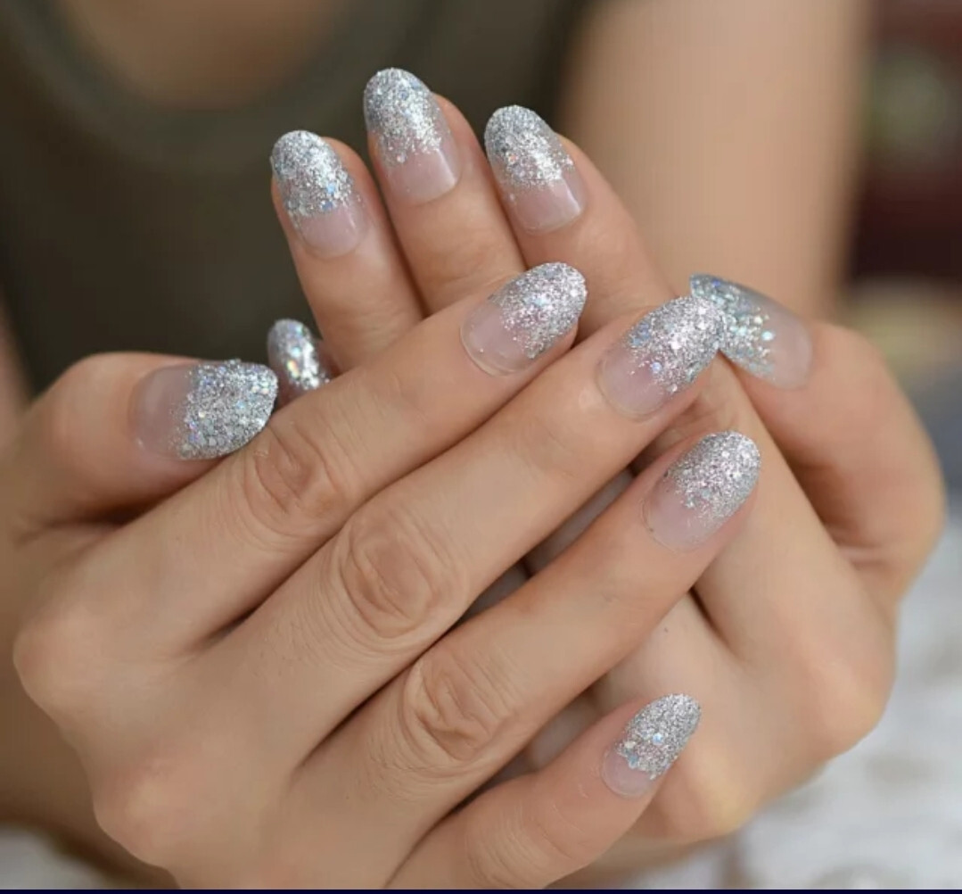 24 Short Press on nails kit w glue Cinderella Ombre silver glitter clear holo