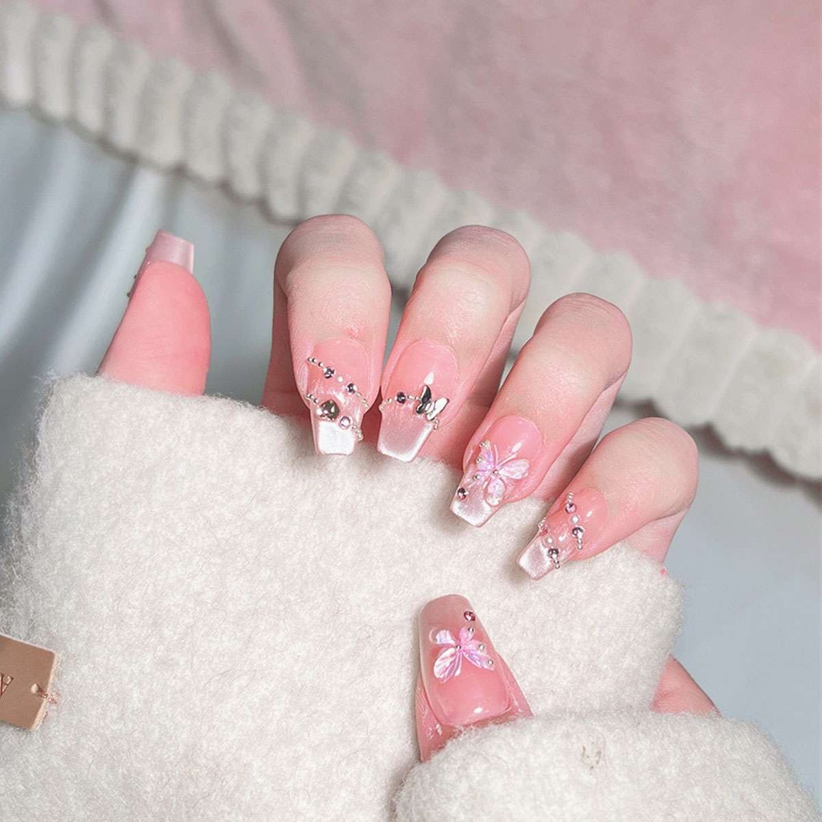 10pcs Long Square French Manicure Press-On Nails, Light Pink Butterfly Design