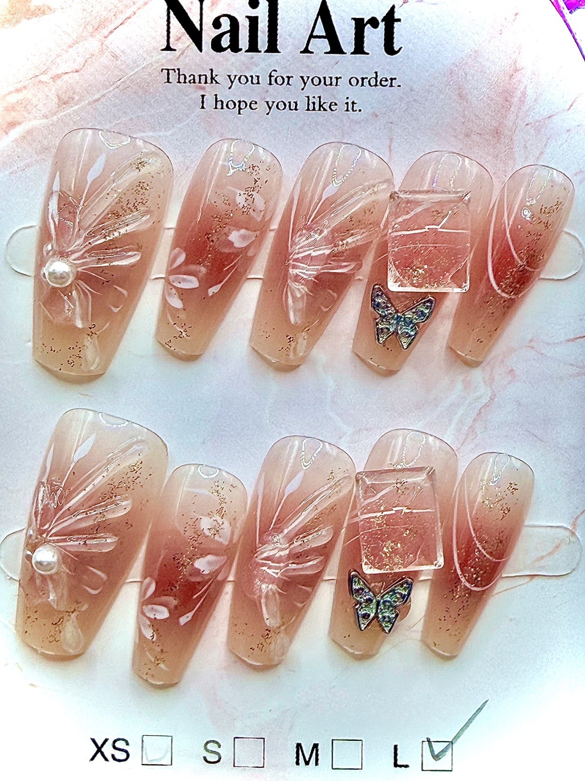 10 PCs Handmade Press On Nails Butterfly Ice Cube 3D Pearl Medium-Long Coffin