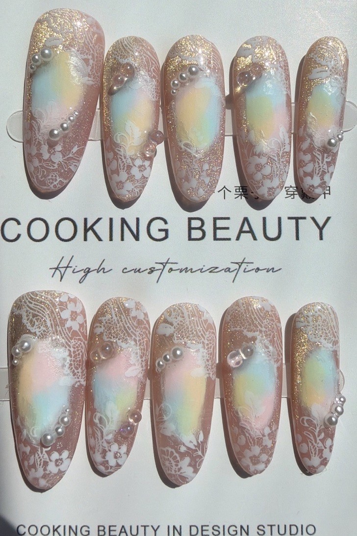 S size Long Coffin Multicolor Glitter 3D Flower Lace Pearl Press-On Nails Set