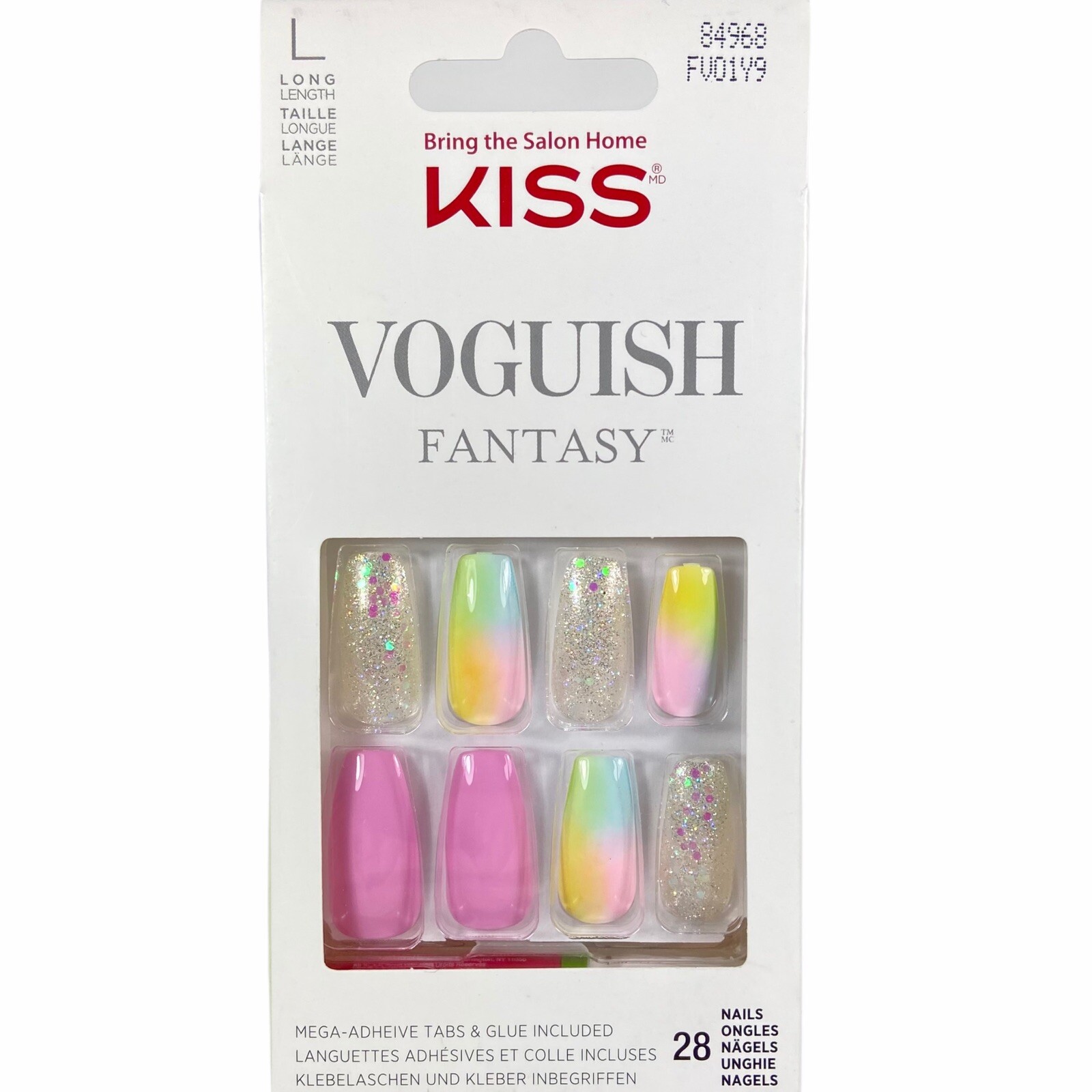 NEW Kiss Nails Voguish Fantasy Press Glue Manicure Long Coffin Pink Yellow Blue