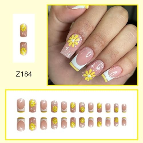 Square Press on Nails Medium – French Tip Fake Nails with Design Yellow Flower