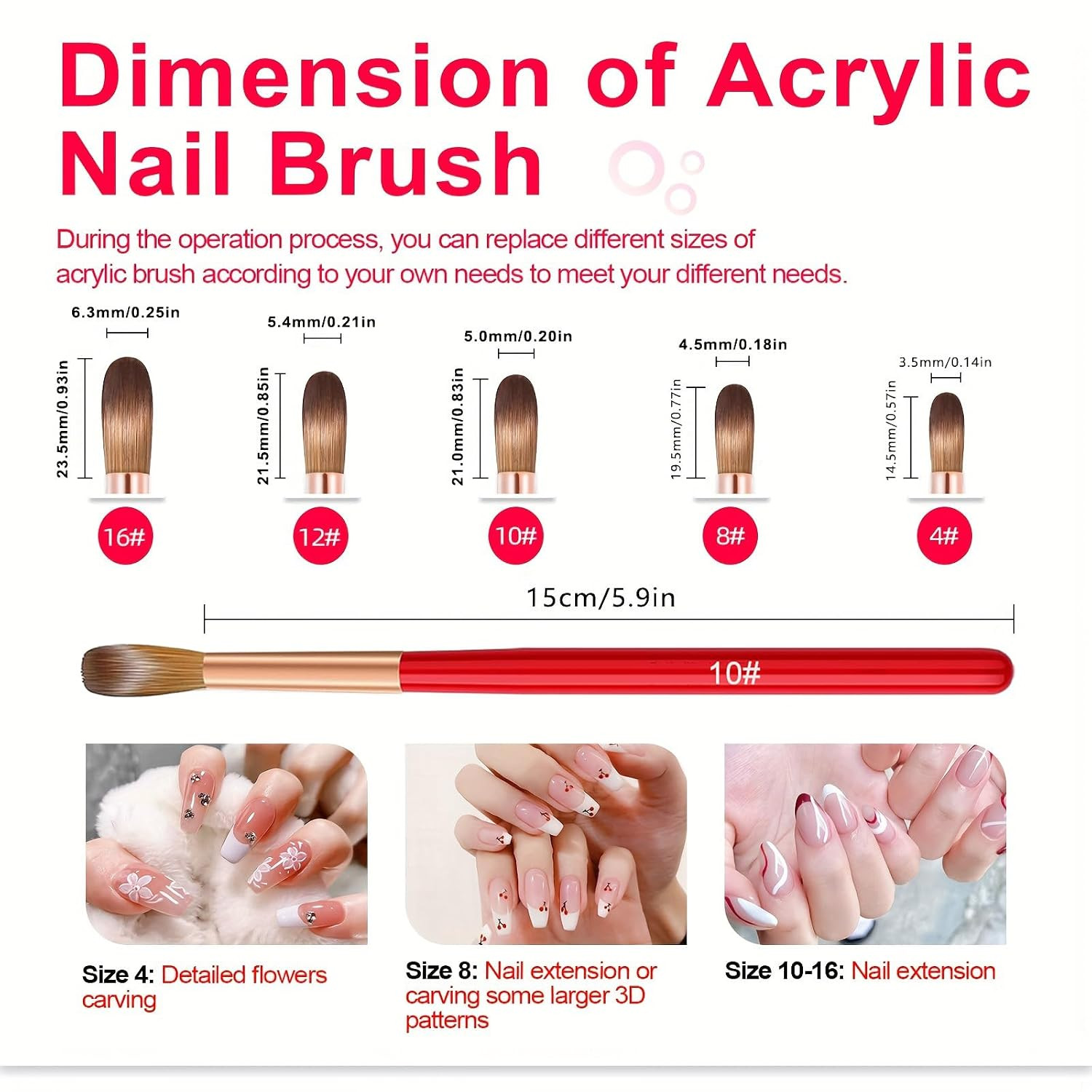 5PCS Acrylic Nail Brush Set,Professional Acrylic Nail Brushes Size 4# 8# 10# 12#