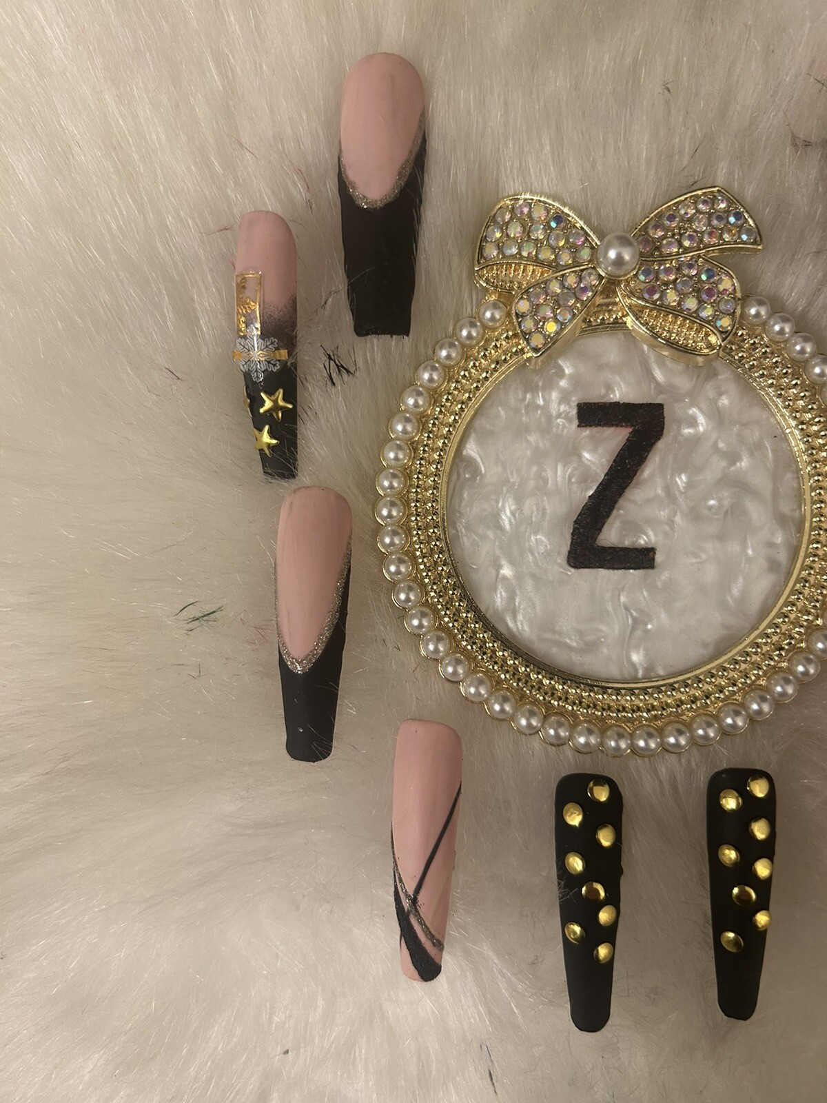 Z NAILZ! Gorgeous Handmade 2XL Matte Black/Gold/Nude Press On Nails 💅