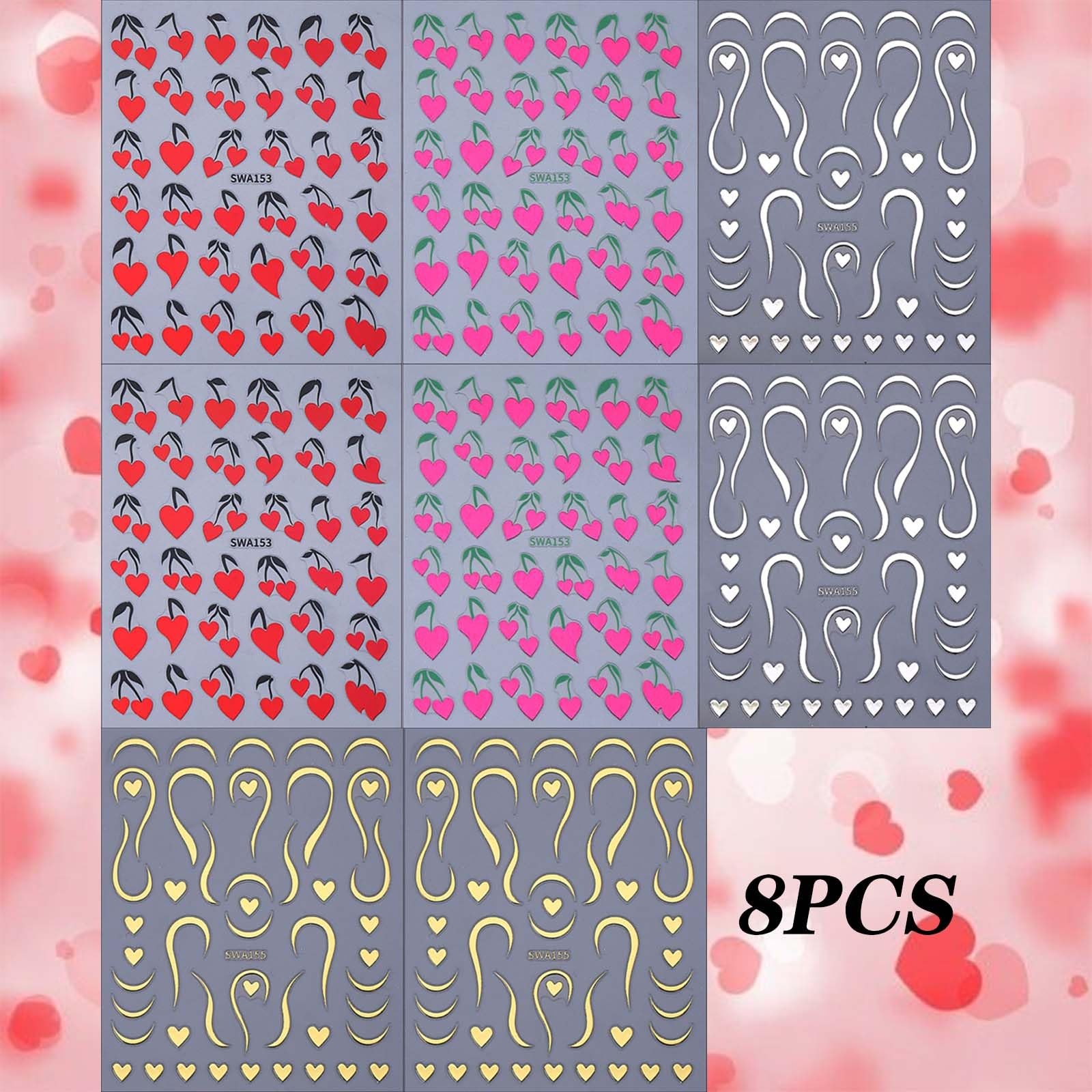 8Sheet Valentine Nail Stickers Pink Red Heart Nail Art Stickers Metallic Pink…