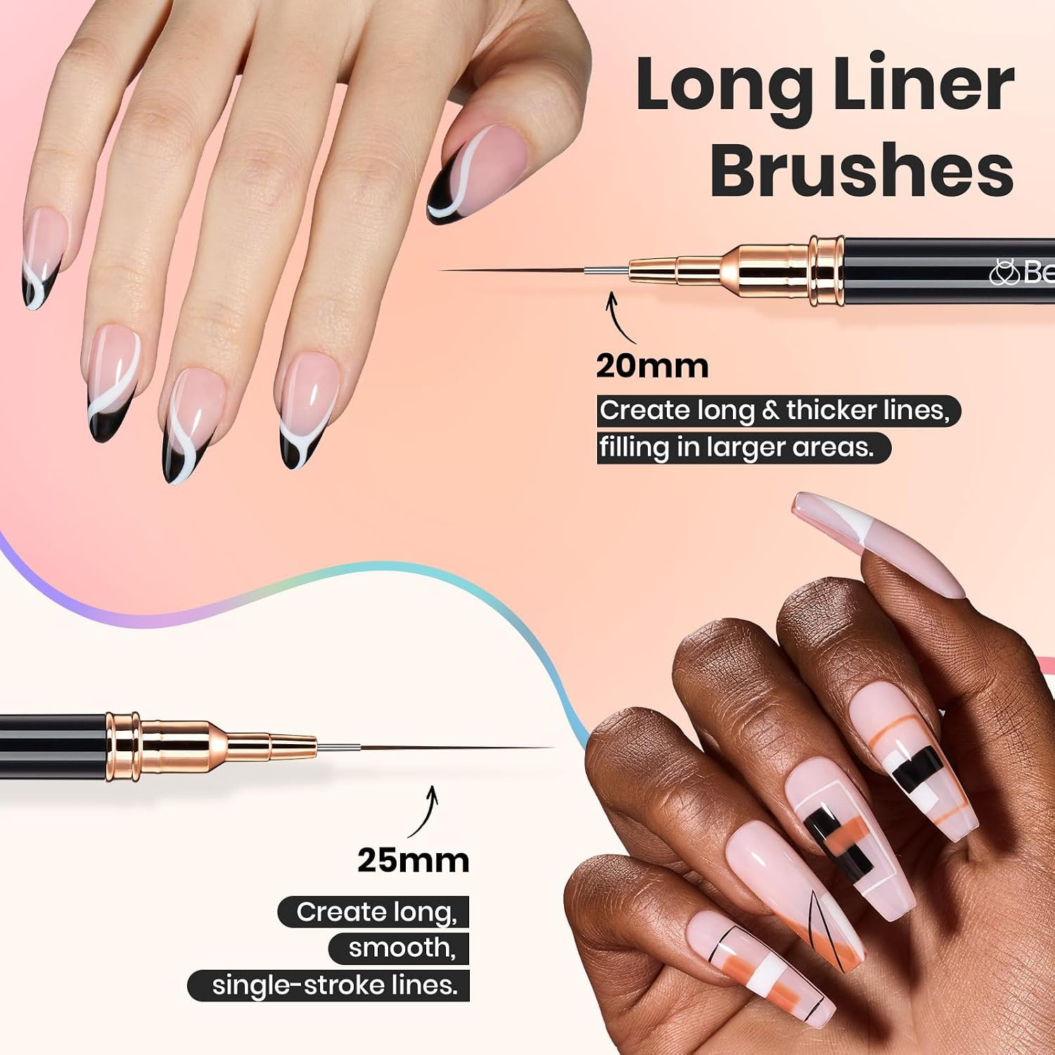 Beetles Liner Brushes for Nails 5Pcs – Metallic Nail Art Brushes Black Nail Art