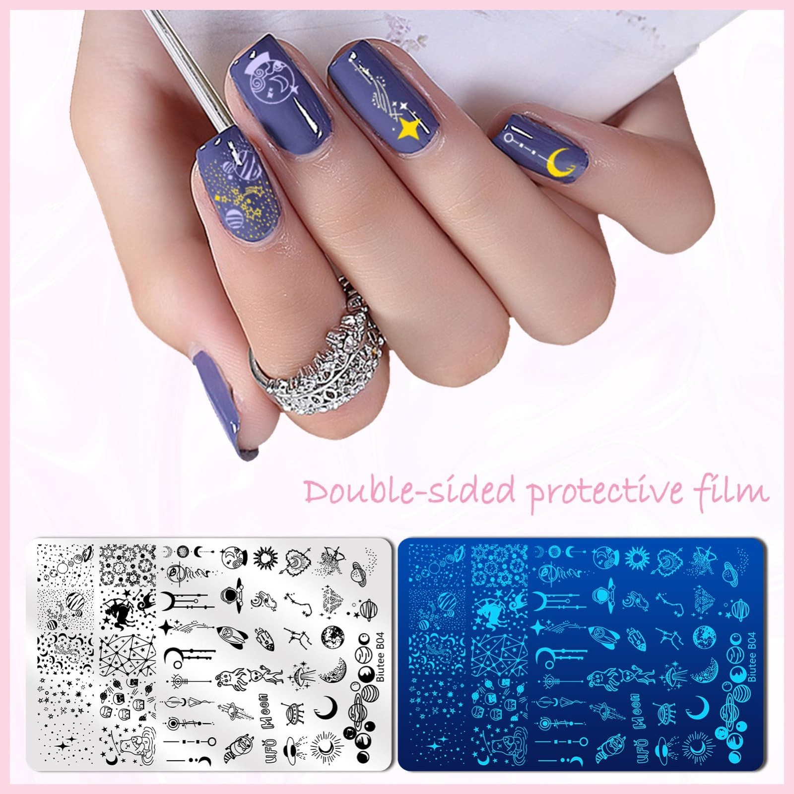 4PCS Nail Stamping Plates Set with Stamper & Scraper – French Lace, Space, Anima