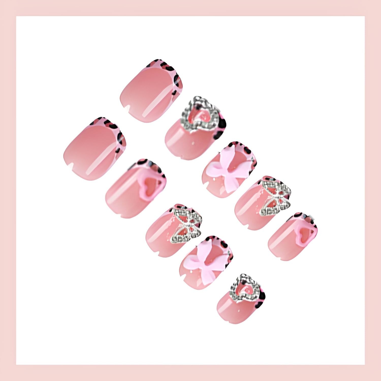 French Tip Press on Nails Short Square Fake Nails Bow Heart Nails Press Ons w…