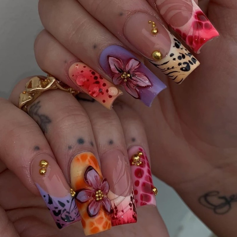 10-Press on Nails Flower Animal Print Metallic Square Nail Set Reusable Handmade