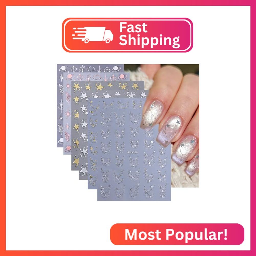 6 Sheets Star Nail Art Stickers 3D Self Adhesive Star Nail Stickers for Nail Art