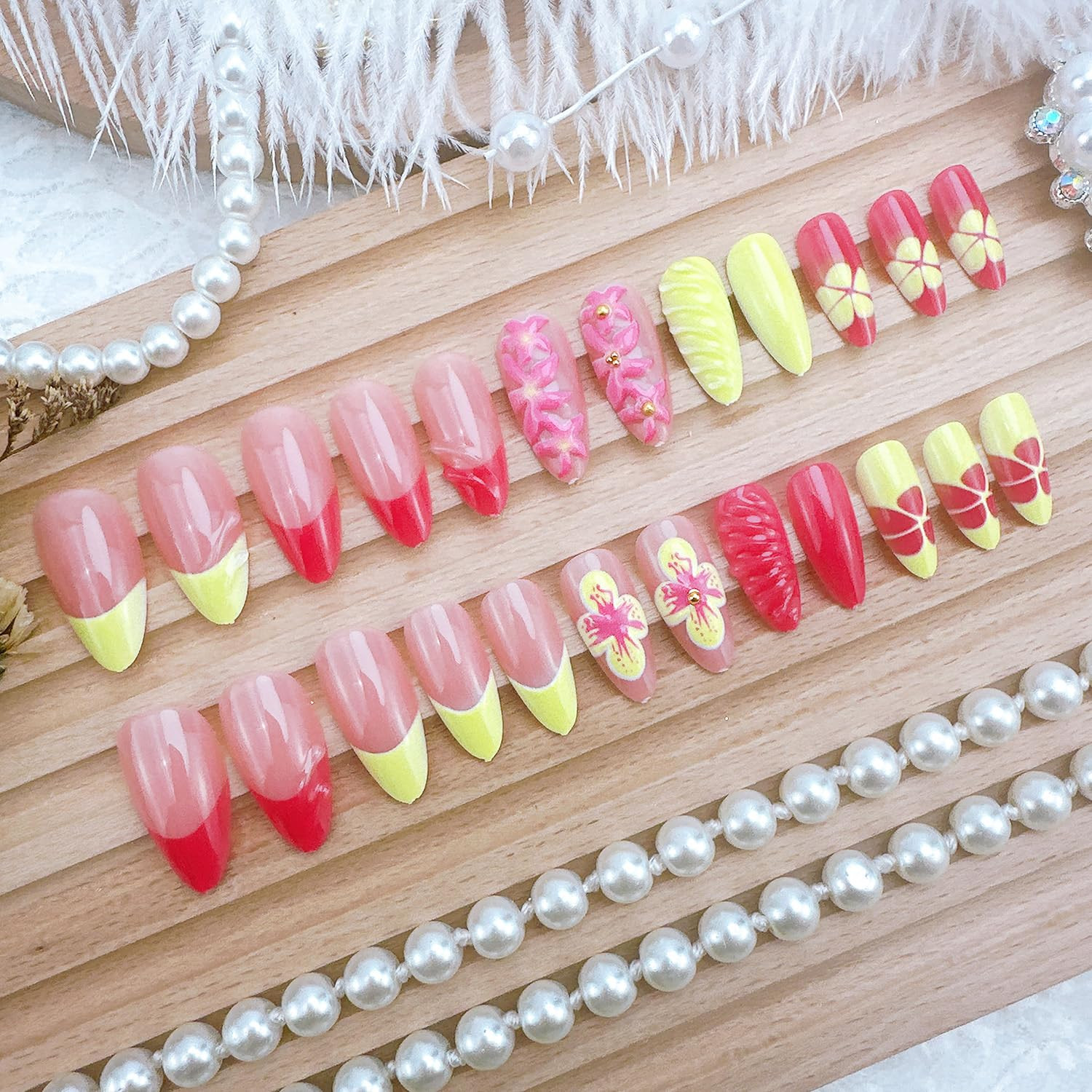 24Pcs Pink Press on Nails Medium Almond 3D French Tip Fake Nails with Gold Beads