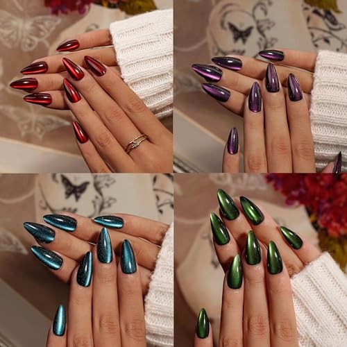 4 Packs Gel Press On Nails Almond, Cat Eye Press On Nails Medium cateye almond