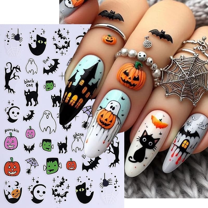 10Sheets Halloween Cute Cartoon Nails Art Stickers Ghost Mushroom Skull Pumpk…