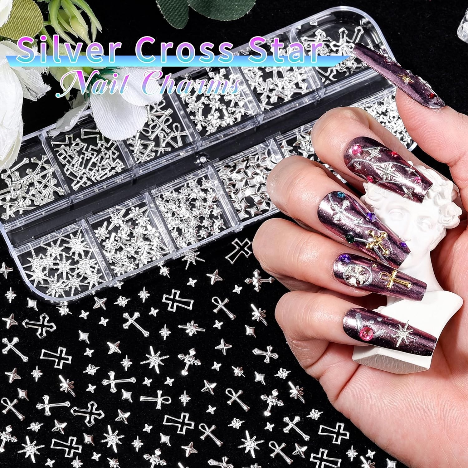 Small Round & Star Nail Art Jewels Set with Application Tweezers & Wax Pen