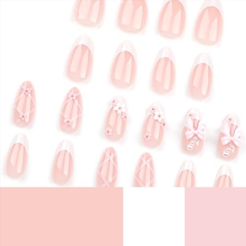 3D Pink Bow Press on Nails Medium Almond Fake Nails White French Tip with Bow