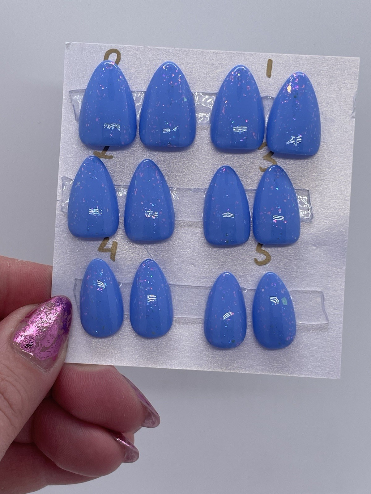 Handmade Gel Press On Nails Short Almond 24 Pieces Azure Blue Holographic