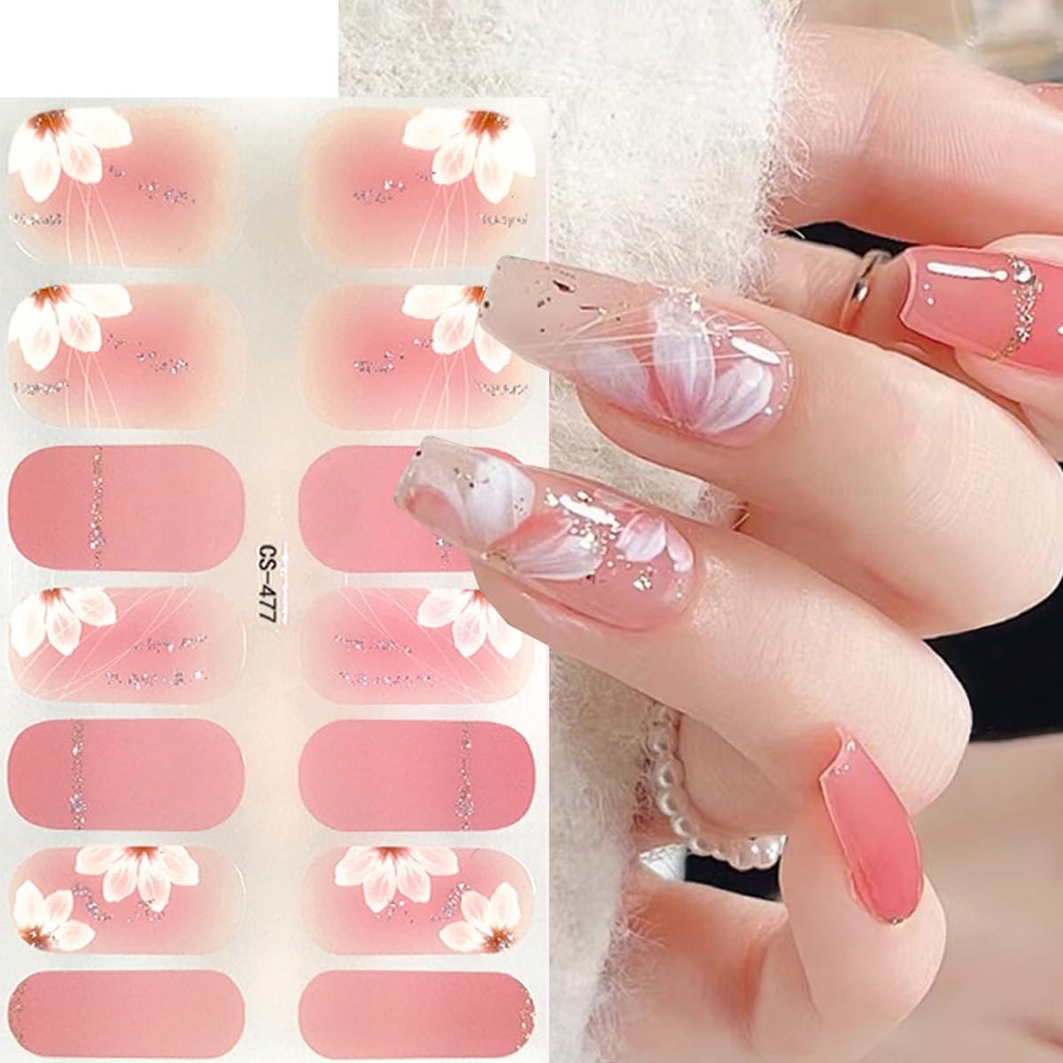 Flower Semi Cured Gel Nail Strips Gradient Gel Nail Sticker Self-Adhesive Ful…