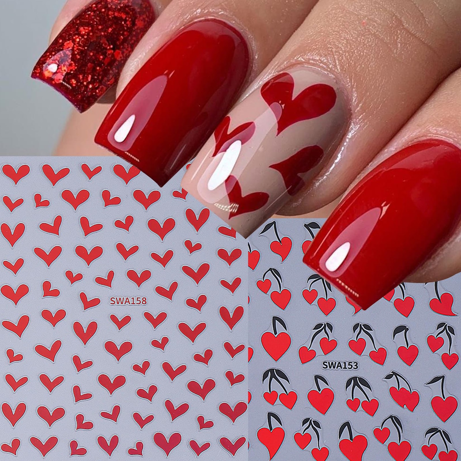 Heart Nail Art Stickers Decals 12PCS Sparkling Love Heart Vine Nail Decals 3D…