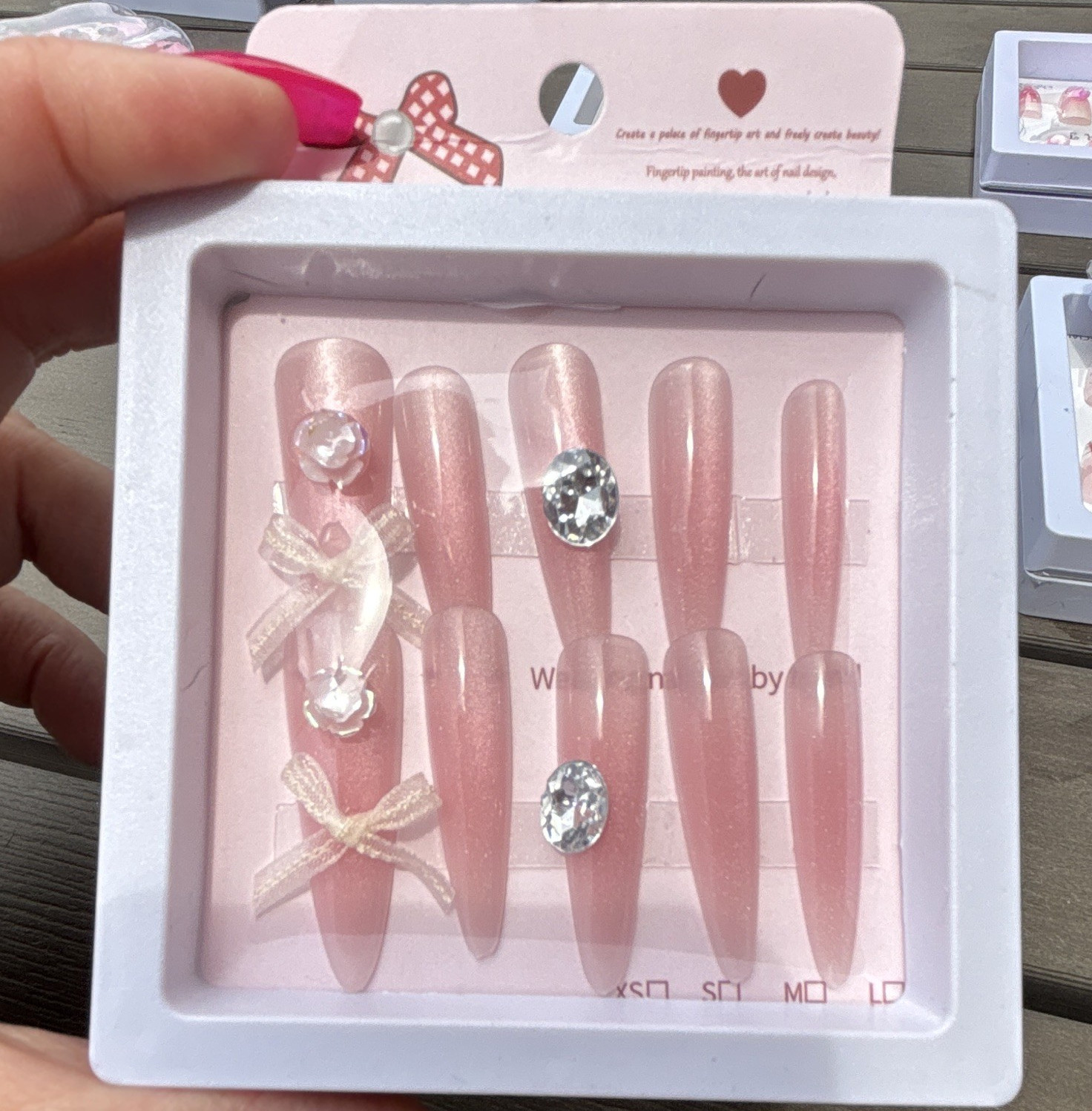 Pink Long Coffin Press-On Nails Self-Adhesive Pre-Designed Shiny Rhinestone Bows