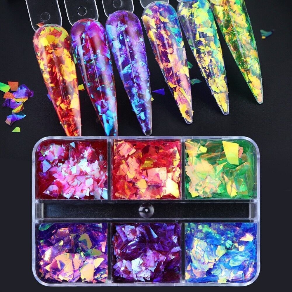 6 Grids Nail Sequins Irregular Colorful Glitter Nail Glass Paper Nail Flakes DIY