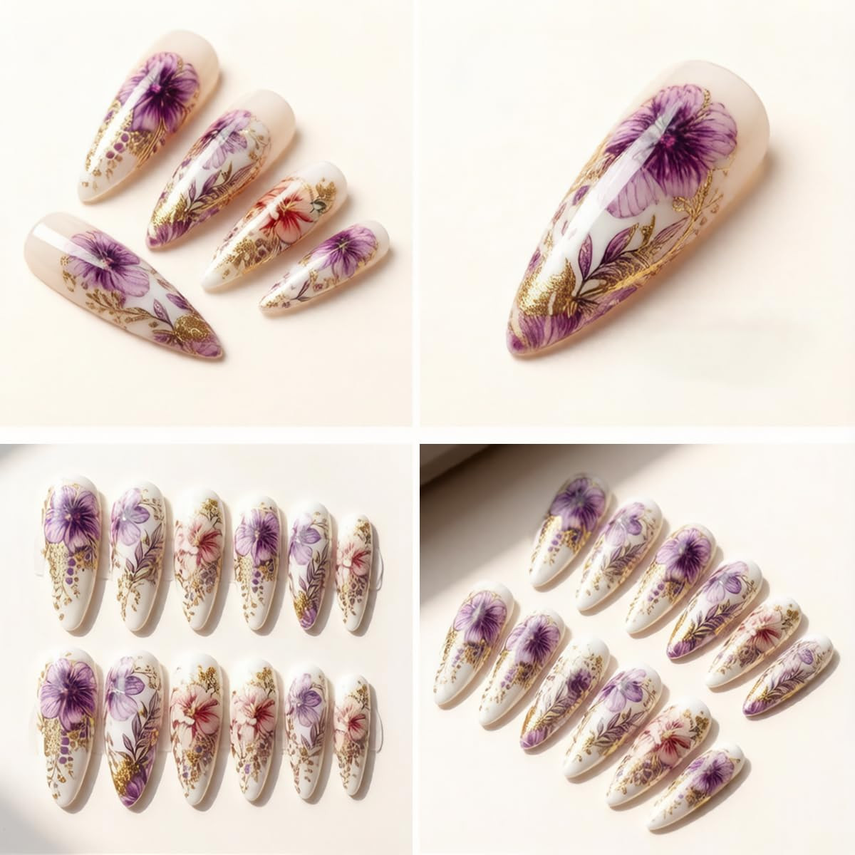 Elegant Floral Press on Nails Medium Almond Purple Flower Fake Nails Watercolor