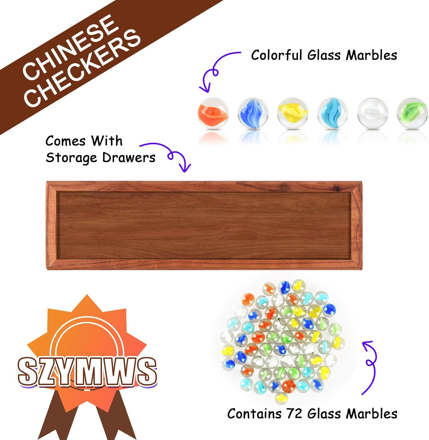 12.7 Inches Wooden Chinese Checkers x 11 x 1.6 inch, Glass Marbles