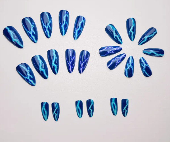 24 Pcs Press-On Nail Long Almond Dark Blue w/Lightning Bolts Glossy