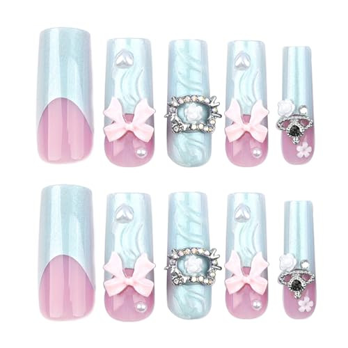 Long Square Press on Nails French Tip Fake Nails Blue False Long Style-C5C34