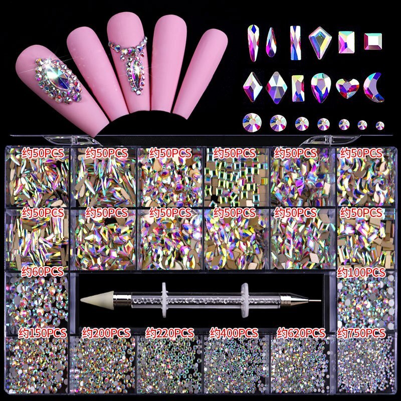 Nail Art Rhinestones Kit 3D Alloy Gems Crystal Nail Art Decorations Diamonds DIY