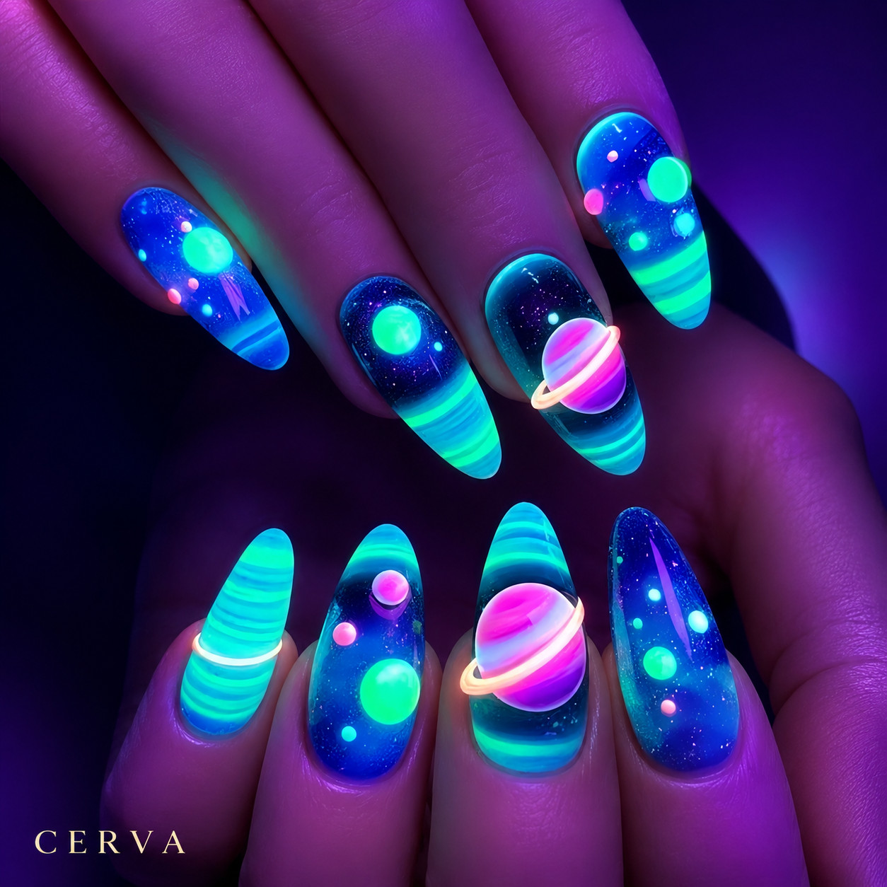 Handmade Galaxy Press On Nails Glow In The Dark Space Planet Design Reusable Gel