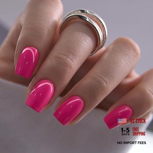 Short Square Acrylic Nails – Bright-Pink – Press on Nails – Apricot Design