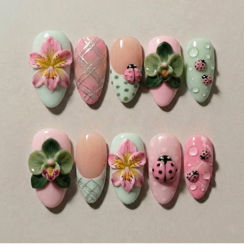 60Pcs Flower Ladybug Pastel Oval Press on Nails, Cute Fresh Nude Fake Nails