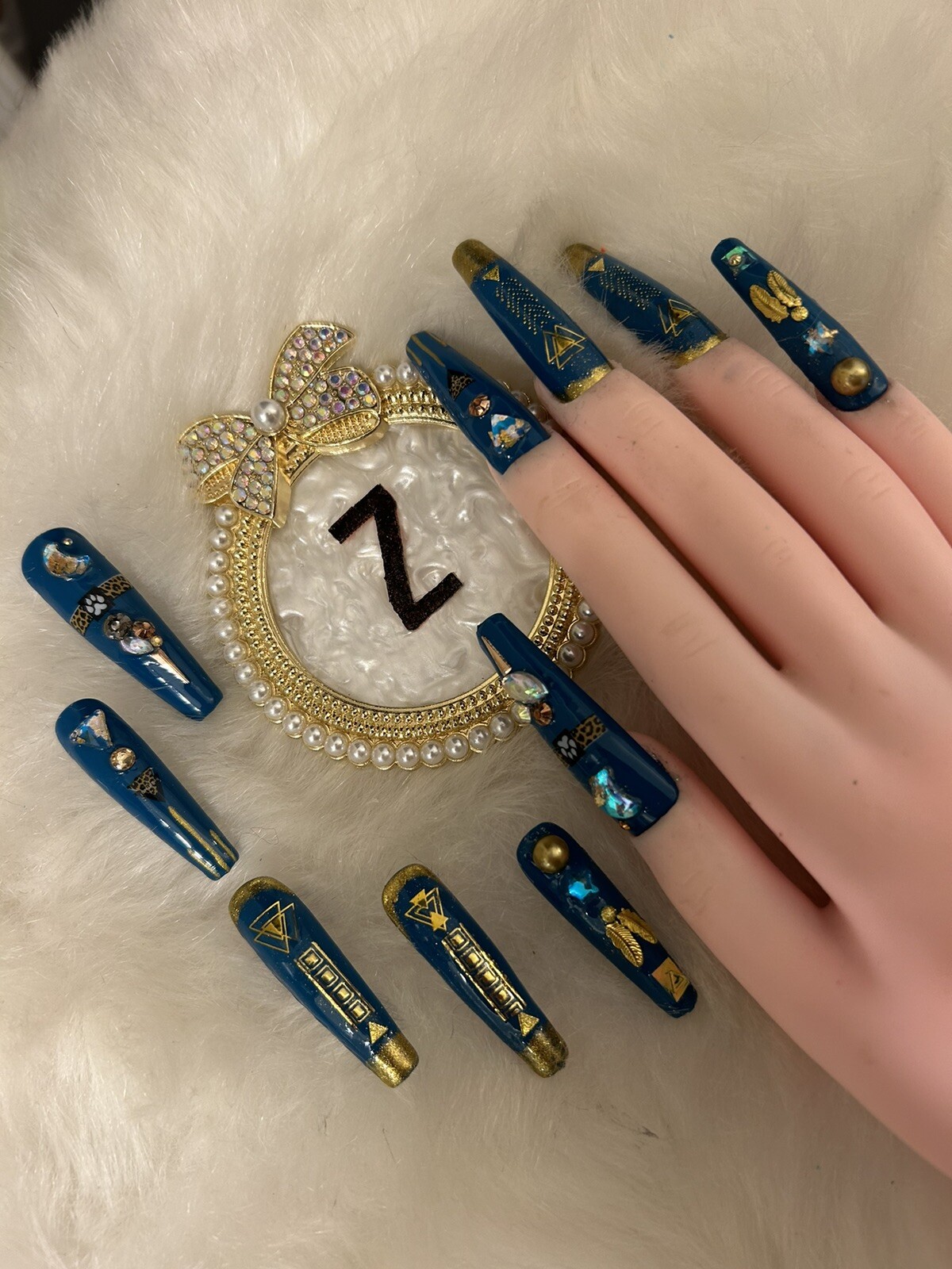 Z NAILZ! Gorgeous Set of Handmade Egyptian 3XL Coffin Turquoise Press On Nails