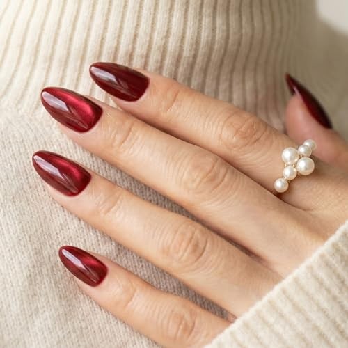 Burgundy Red Cat Eye Press on Almond Nails Short 16 Sizes Glass red cat eye