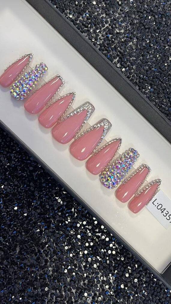 Pink Nail with Rhinestones + Custom Box | Ballerina and Stiletto Combined Nails