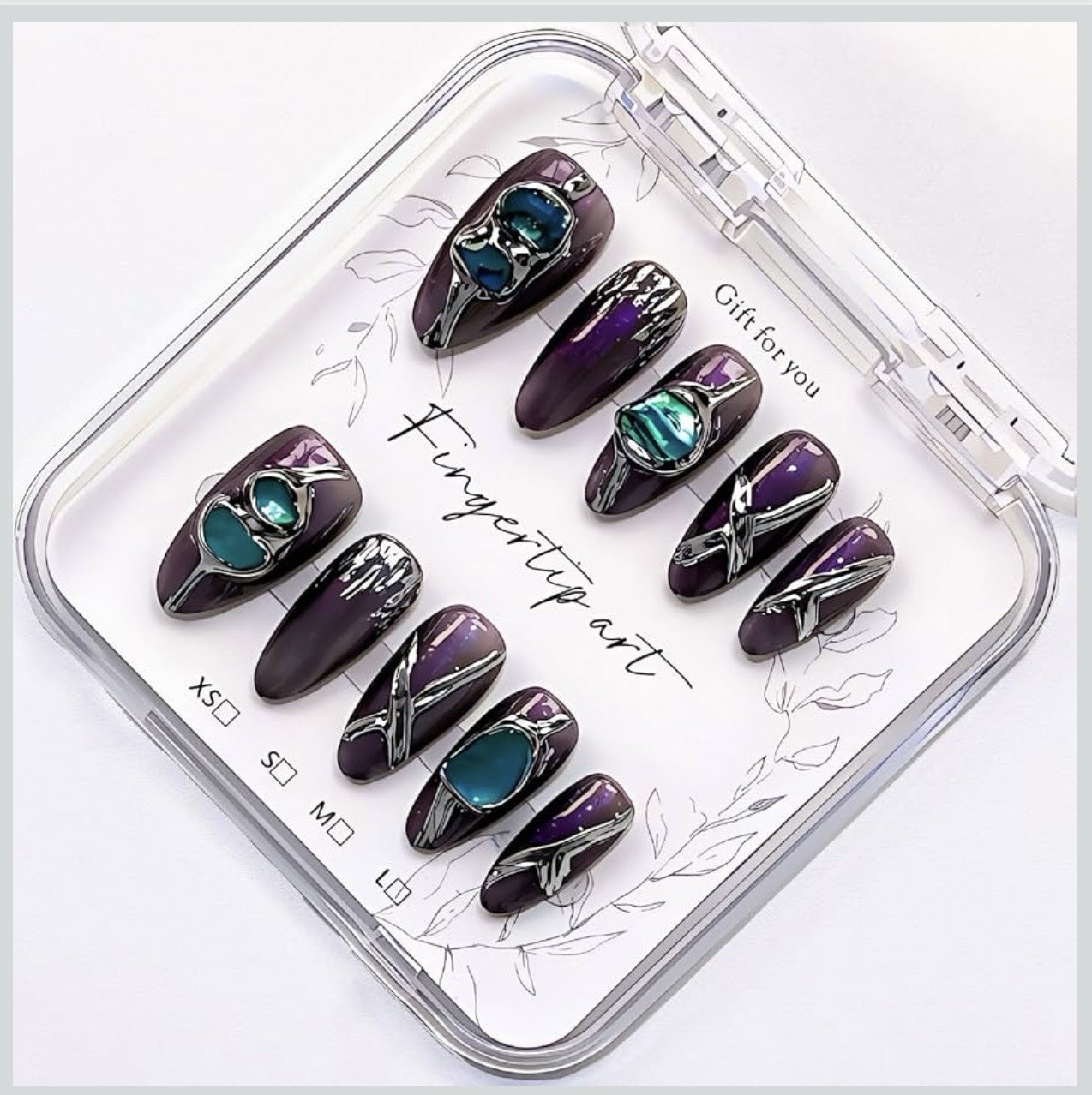 Handmade Purple Chrome Press On Nails Medium Almond Teal Gems 10Pc Reusable