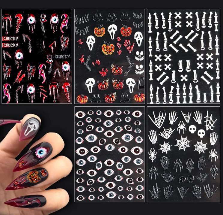 Nail Art Sticker Halloween Eye Blood Skull Skeleton Pumpkin 5D Embossed DIY NS40